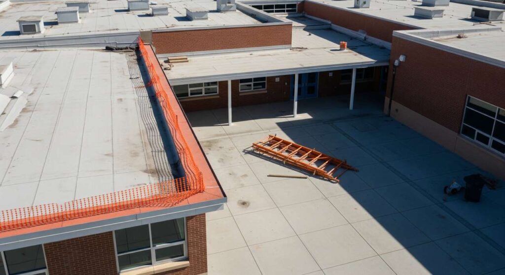 Scaffold platform edge at Sylvia Mendez Elementary School renovation site in Berkeley