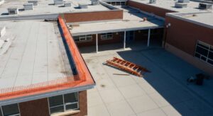 Scaffold platform edge at Sylvia Mendez Elementary School renovation site in Berkeley