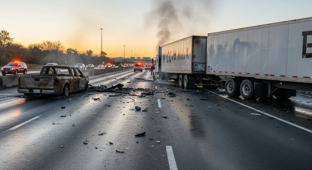 Pickup truck and big rig collision on I-5 near Sutterville Road, Sacramento