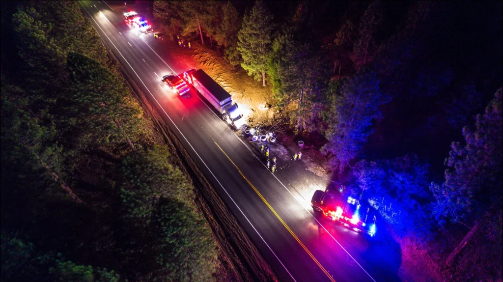 Aftermath of a serious and fiery collision between a passenger car and a semi-truck on Highway 49.