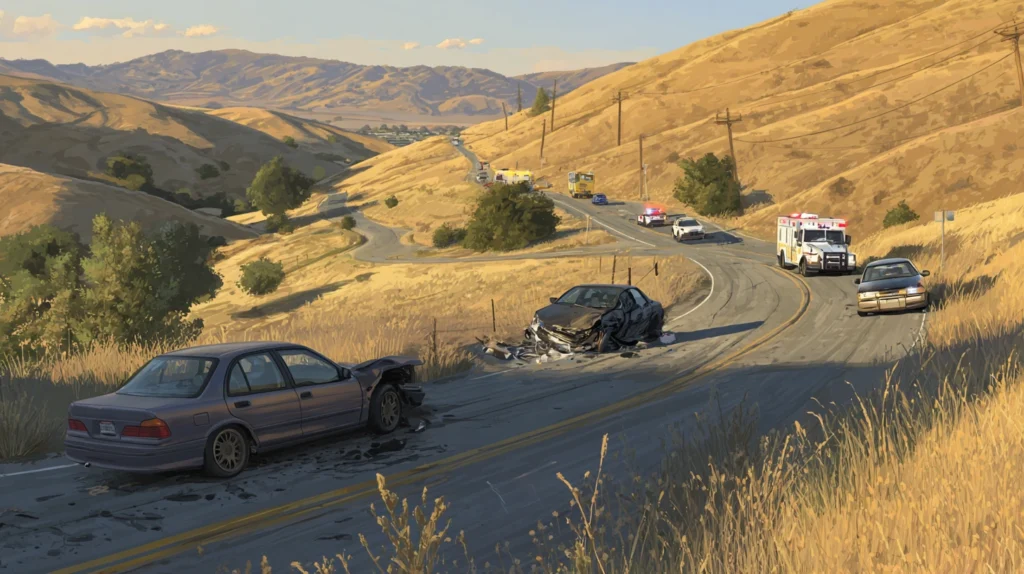 Aftermath of a multi-vehicle collision involving a head-on impact on Marsh Creek Road in Brentwood, CA. (Digital Recreation)
