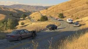 Aftermath of a multi-vehicle collision involving a head-on impact on Marsh Creek Road in Brentwood, CA. (Digital Recreation)