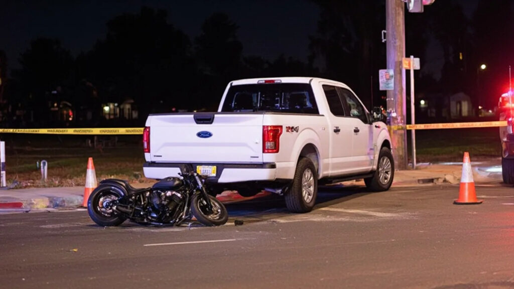 Police lights at the intersection of Sellers Avenue and Chestnut Street in Brentwood following a fatal rear-end motorcycle collision.