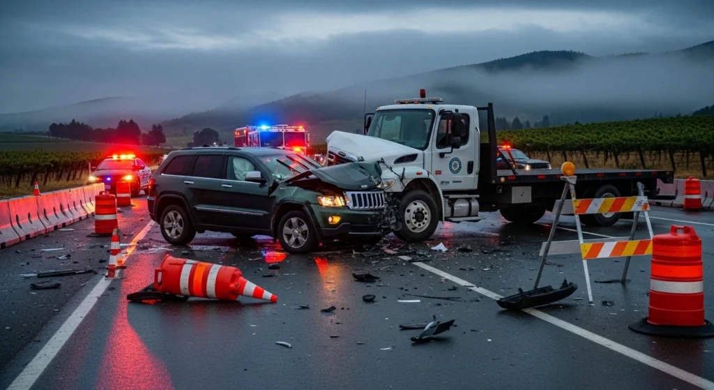 Jeep and truck collision in a construction zone on Highway 29 in Napa