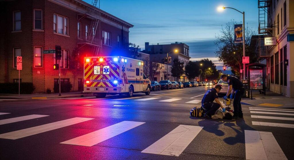 Scene of fatal pedestrian accident at Fruitvale Avenue and East 27th Street in Oakland caused by DUI hit-and-run driver
