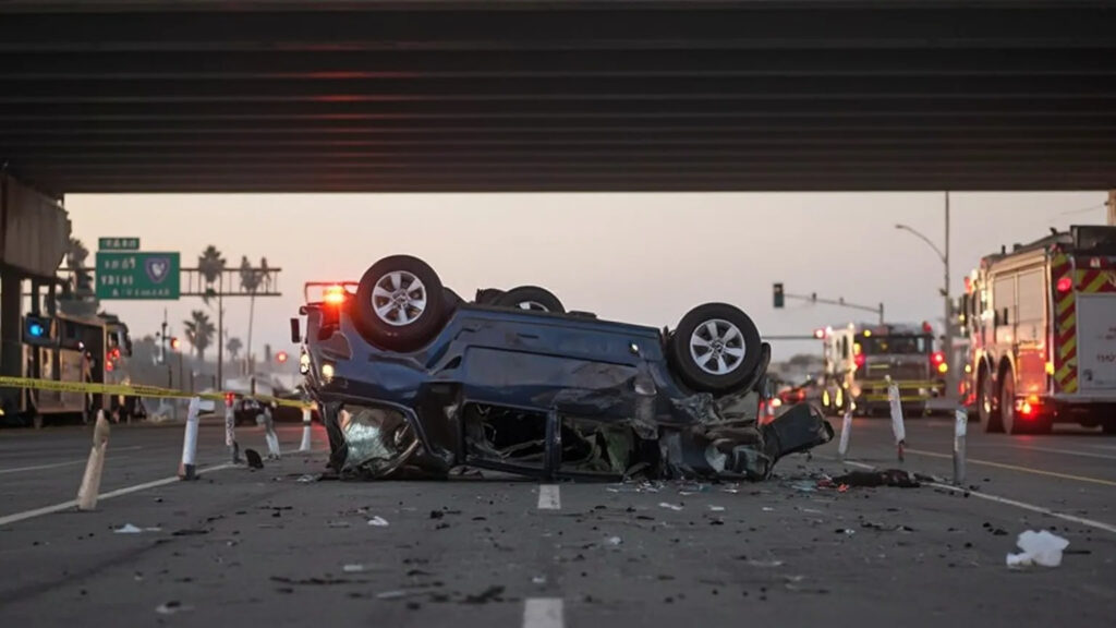 Overturned Hyundai Elantra beneath overpass in Albany crash scene