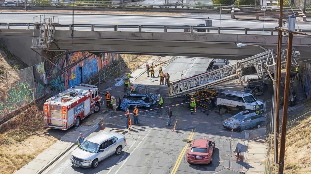 Emergency crews work to rescue victims from a car crushed by a Caltrans crane that fell from a Highway 101 overpass. (Digital Recreation)