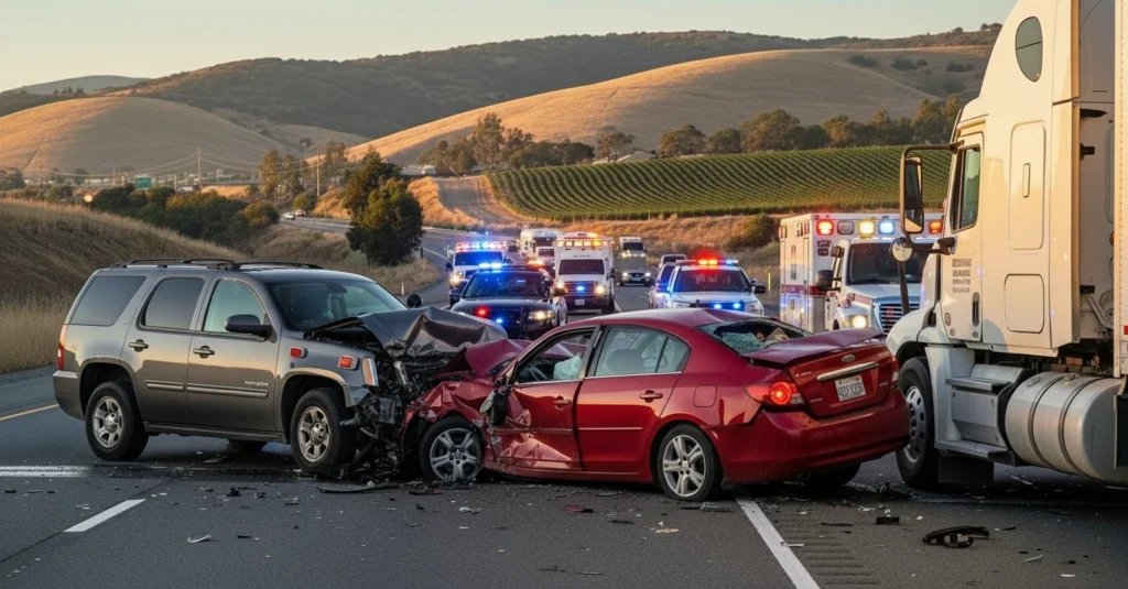 Three-vehicle collision scene on Highway 183 in Salinas, CA
