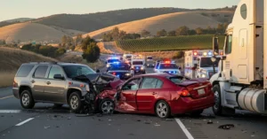 Three-vehicle collision scene on Highway 183 in Salinas, CA