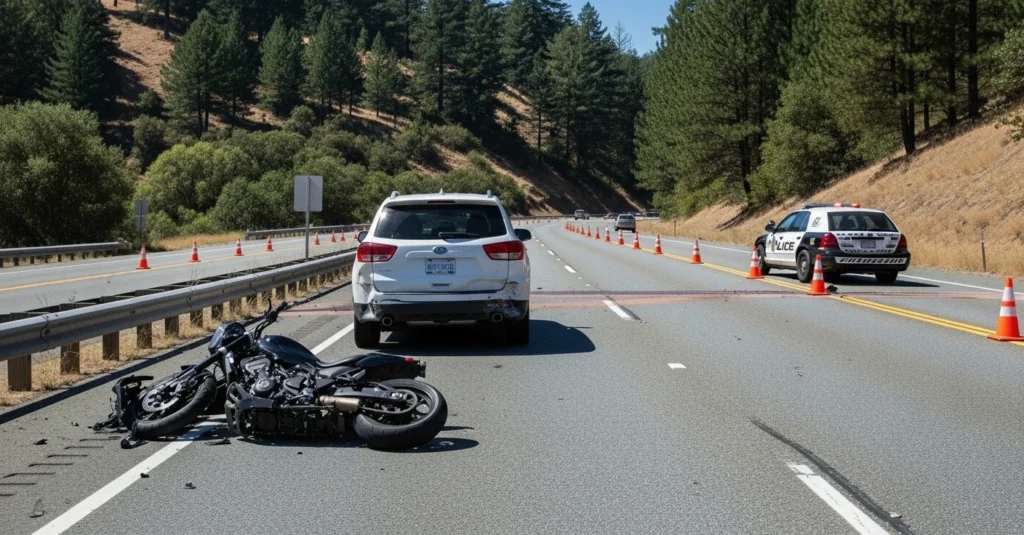 Crashed motorcycle and damaged SUV on SR-17 in Scotts Valley