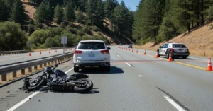 Crashed motorcycle and damaged SUV on SR-17 in Scotts Valley